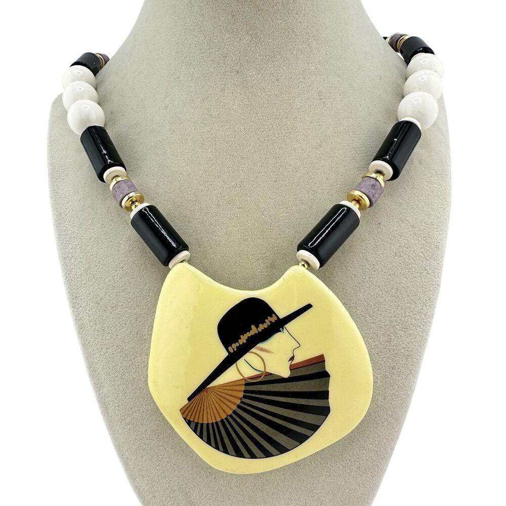 Vintage 1980s Nagel Style Ceramic Stylized Glass Black White Purple 24” Necklace